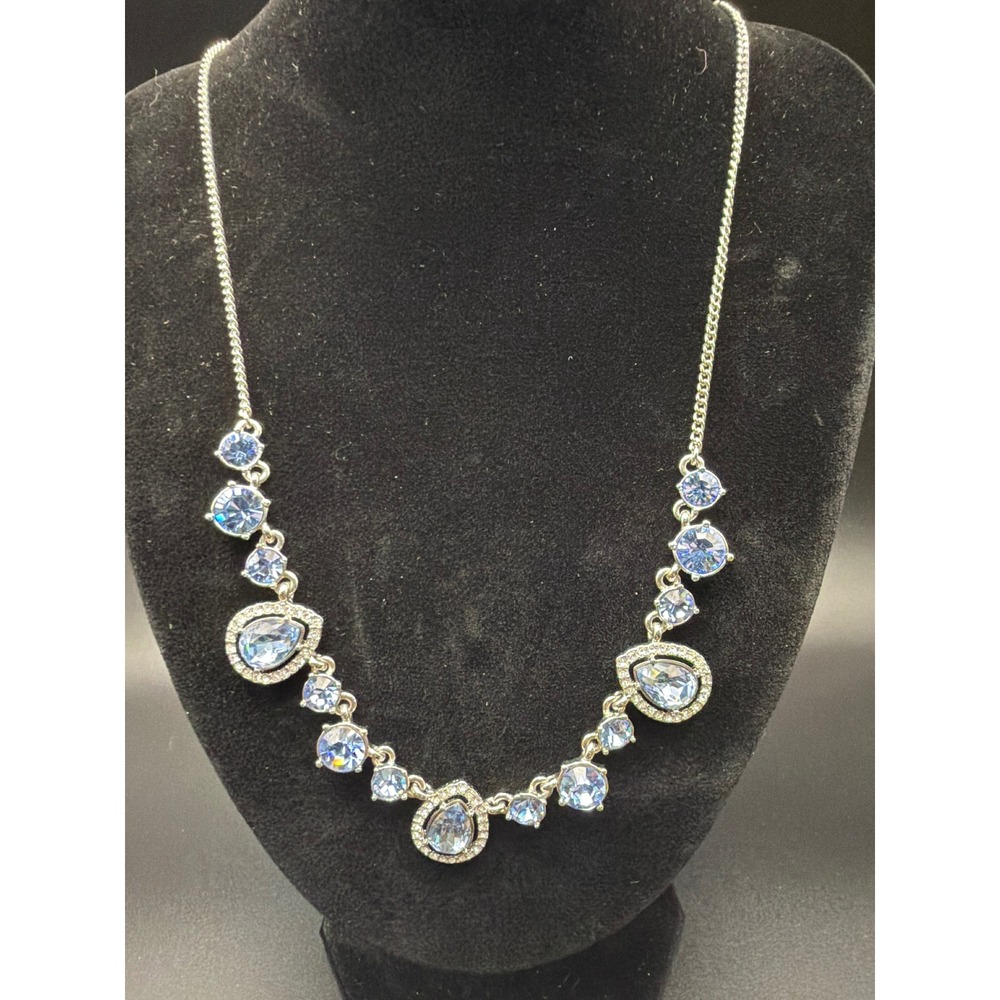 Givenchy Silver Tone Light Blue Pear & Round Crystal Halo Collar Necklace 18in